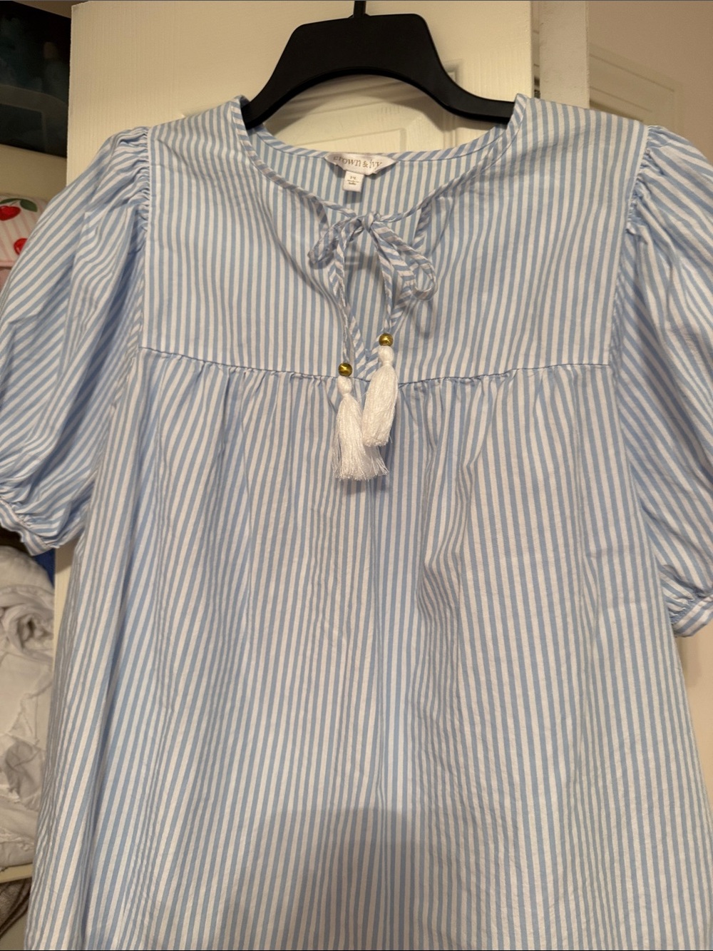 crown & ivy Light Blue and White Striped Tie-Neck Tassel Tunic